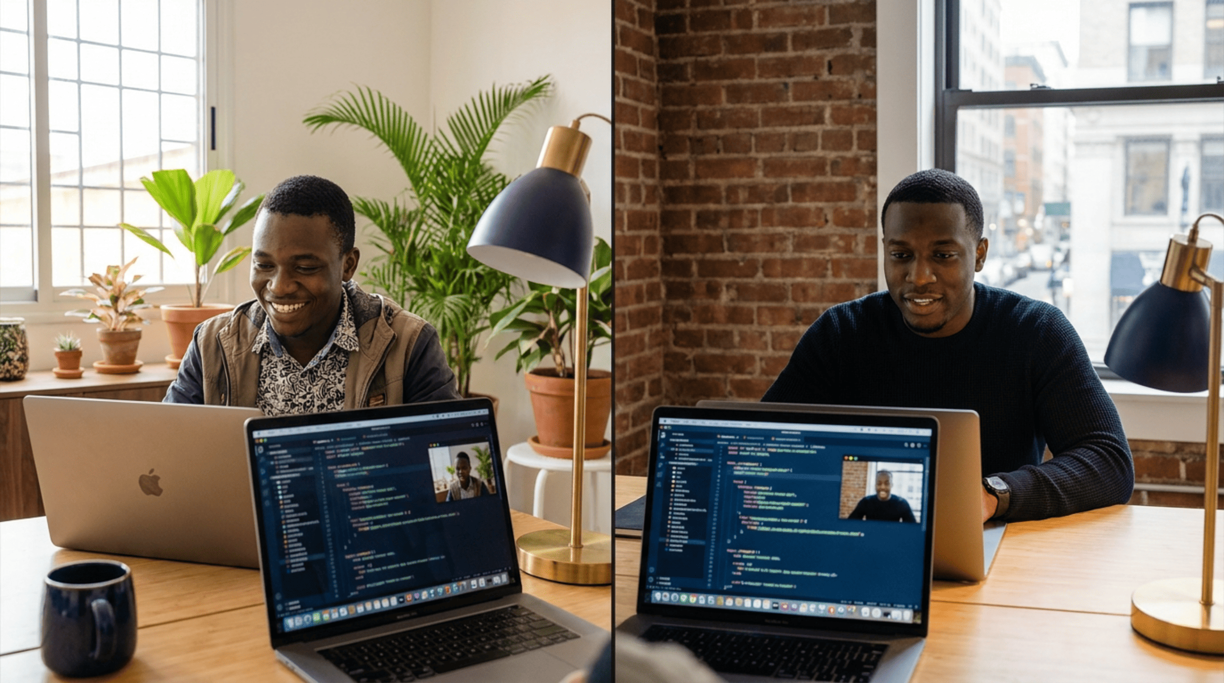 Deux associés en visioconférence, l'un dans un bureau à Cotonou, l'autre dans un bureau aux États-Unis