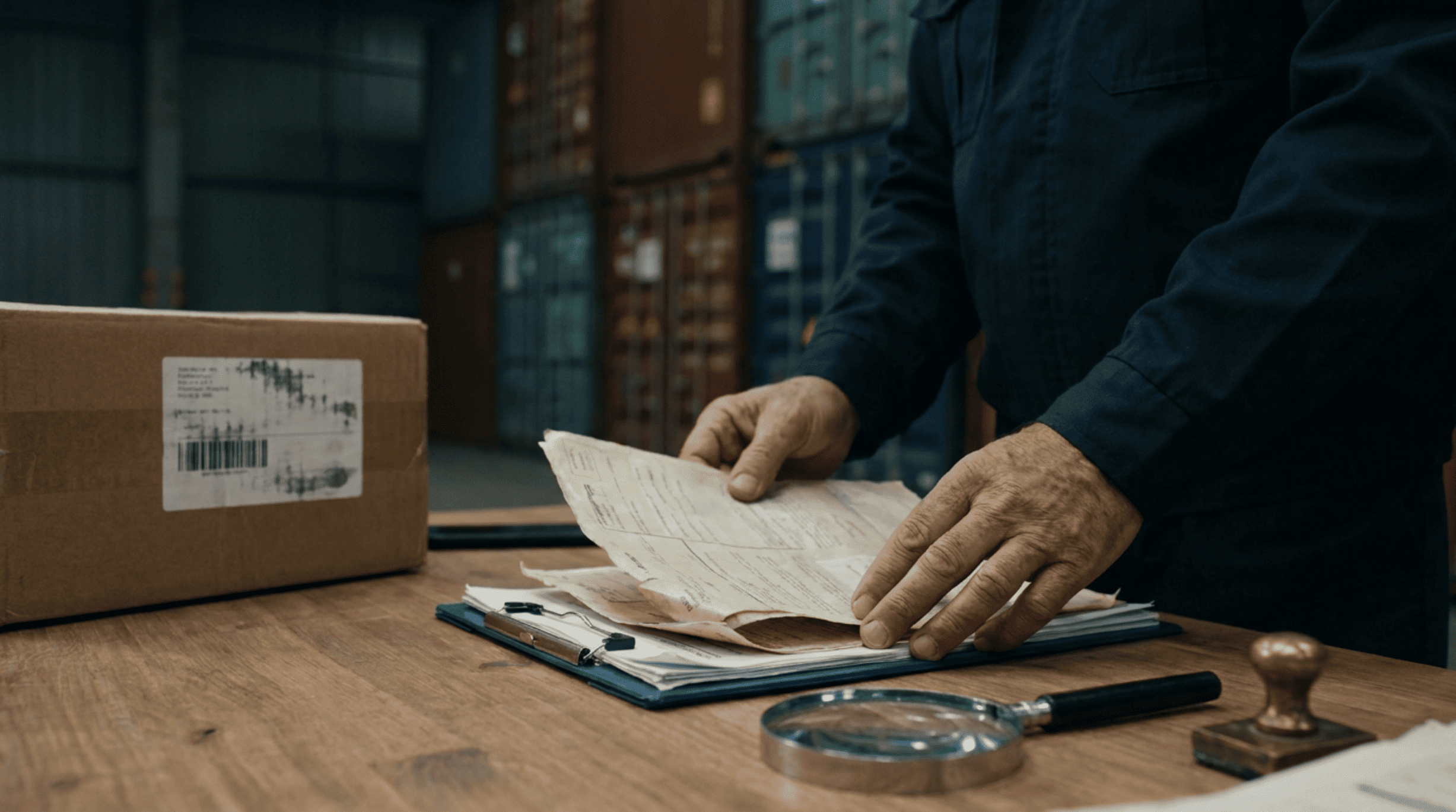Agent des douanes inspectant des colis et documents d'expédition sur un quai