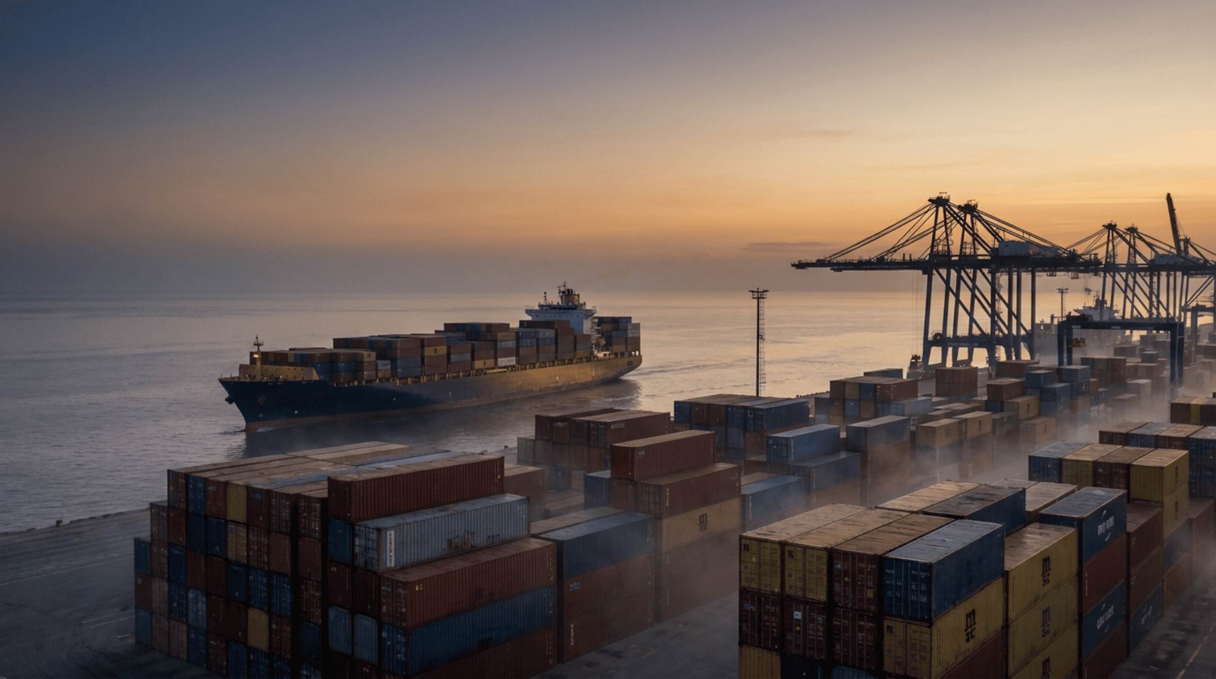 Le port de Cotonou au lever du jour, conteneurs et porte-conteneurs prêts à partir vers l'Atlantique